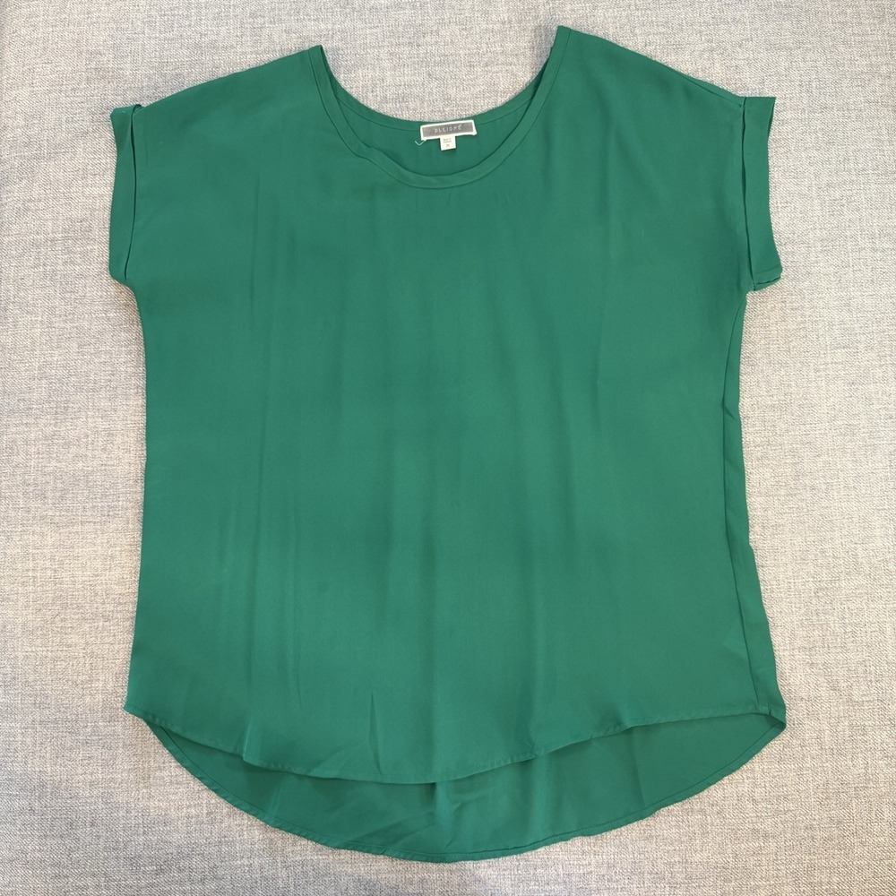 Pleione Womens M Green Blouse Hi Low Flowy Short Sleeve Casual‎ Career Top